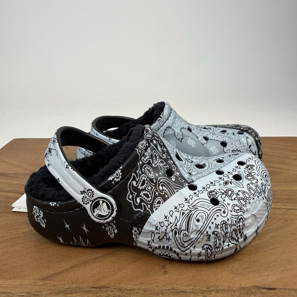 New Little Kids Crocs Baya Lined Paisley Gray/Black Clogs Shoes Sandals Sz 11 C